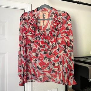 NO 21 red printed sheer ruffle scoop collar long sleeve shirt blouse